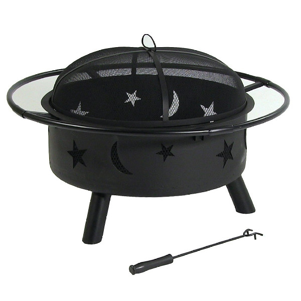 30 Inch outdoor fire pit circle garden patio wood burning table top fire bowl stars and moons surround